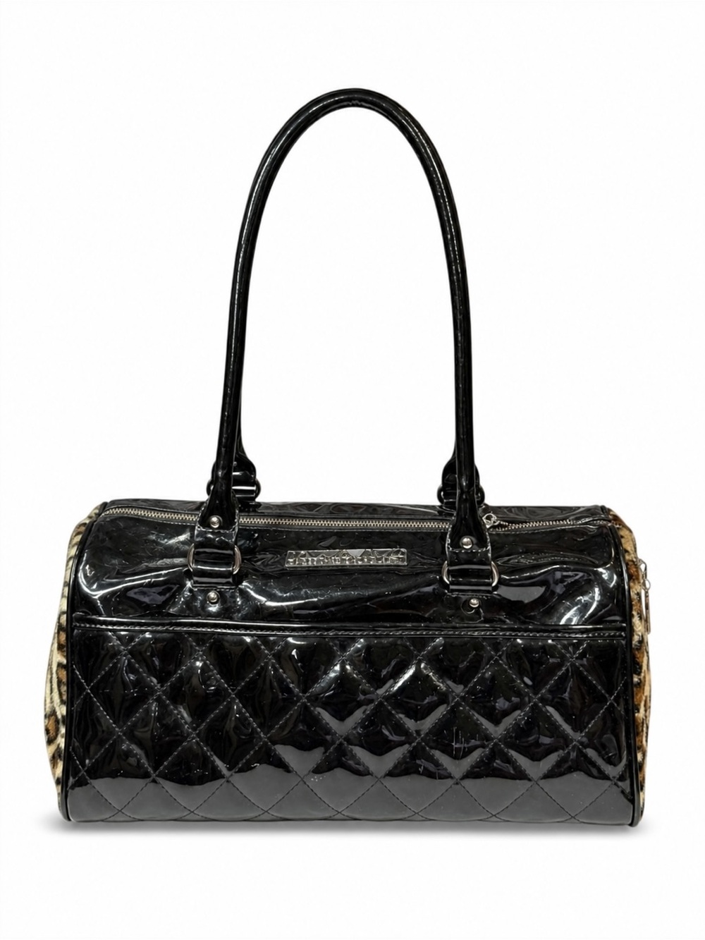 Lux de Ville Large Black Quilted Patent Barrel Handbag with Leopard Ends